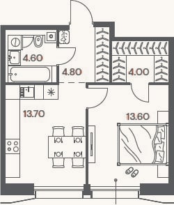 Планировка: 1-к, 40,7 м²