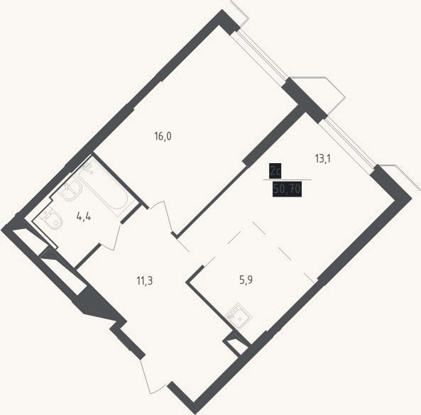 Планировка: 2-к, 50,7 м²