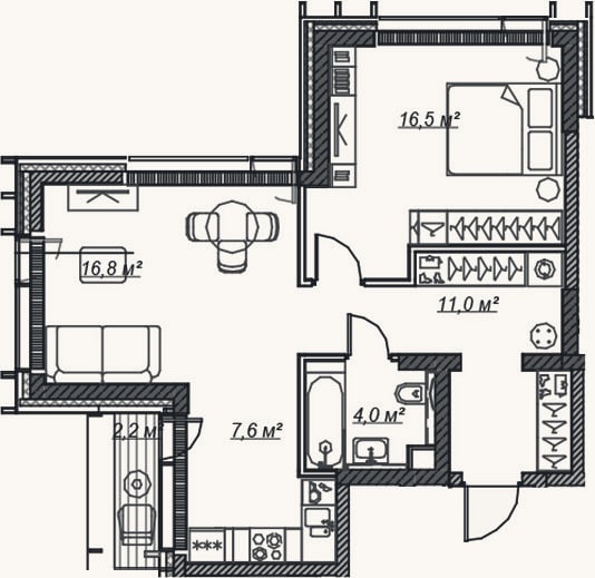 Планировка: 2-к, 56 м²
