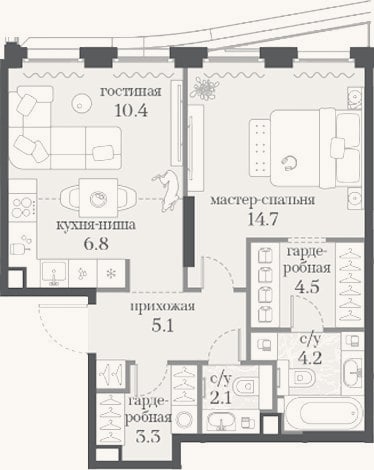 Планировка: 1-к, 51,1 м²
