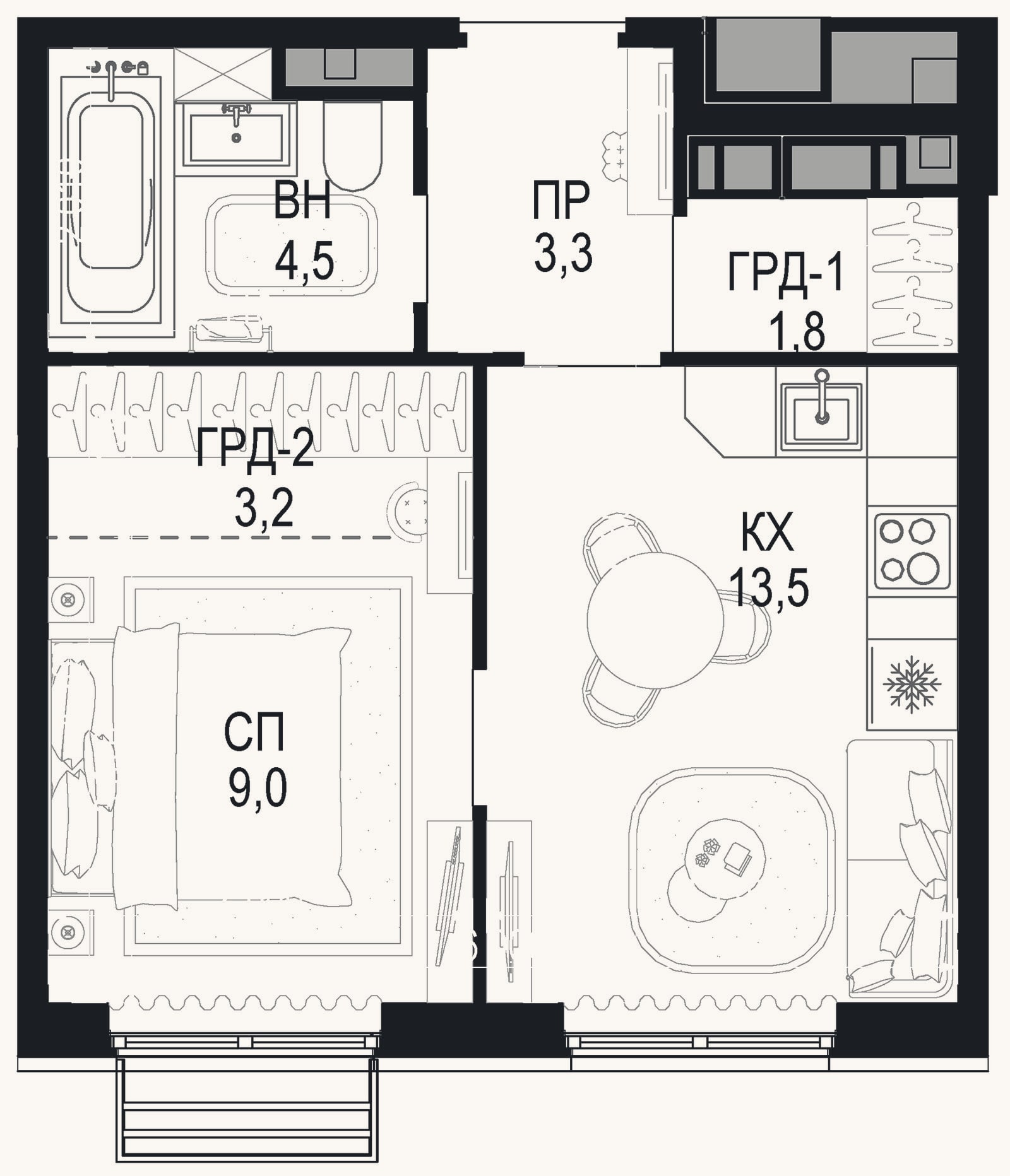 Планировка: 1-к, 35,3 м²