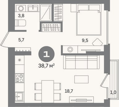 Планировка: 1-к, 37,7 м²