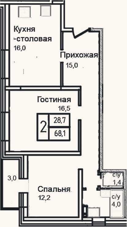 Планировка: 3-к, 65,1 м²