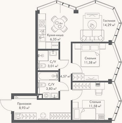 Планировка: 3-к, 64,1 м²