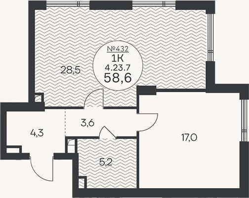 Планировка: 1-к, 58,6 м²