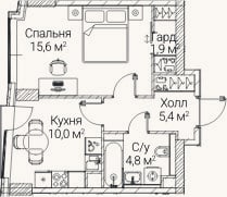 Планировка: 1-к, 37,2 м²