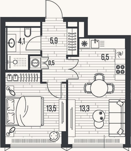Планировка: 2-к, 43,8 м²