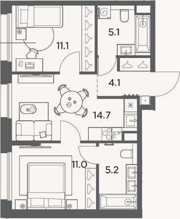 Планировка: 2-к, 51,2 м²