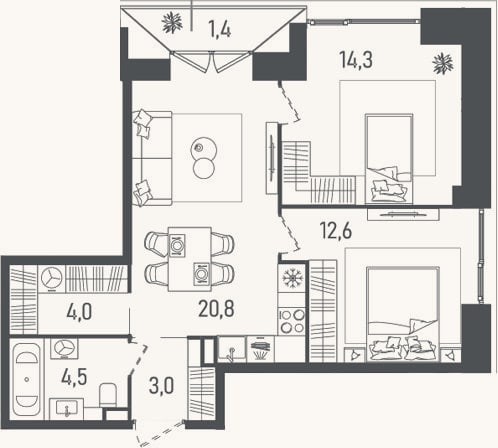 Планировка: 3-к, 59,2 м²