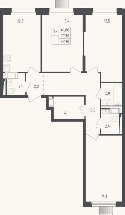 Планировка: 3-к, 76,5 м²