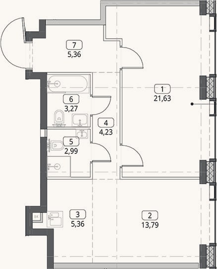 Планировка: 2-к, 56,6 м²