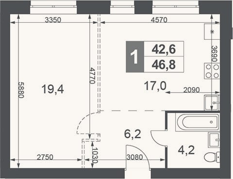Планировка: 1-к, 46,8 м²