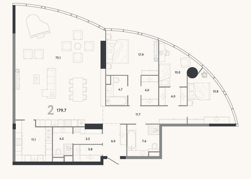 Планировка: 4+ к, 179,7 м²