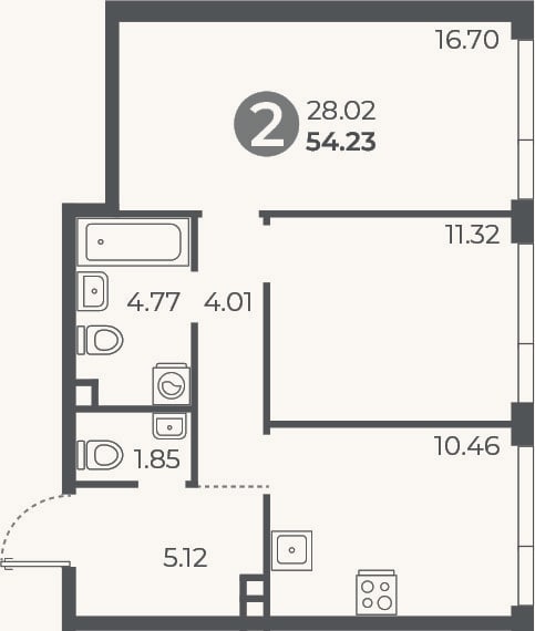 Планировка: 2-к, 54,2 м²