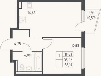 Планировка: 2-к, 35,6 м²