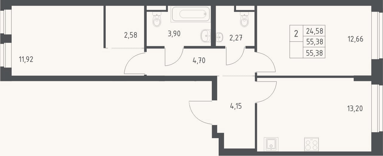 Планировка: 2-к, 55,4 м²