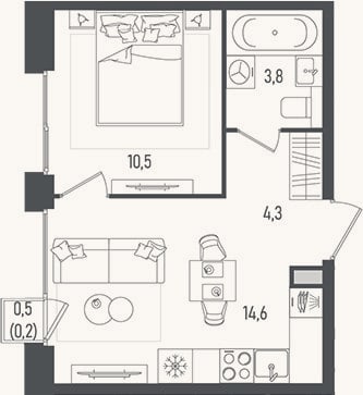 Планировка: 1-к, 33,2 м²
