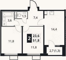 Планировка: 2-к, 50,5 м²