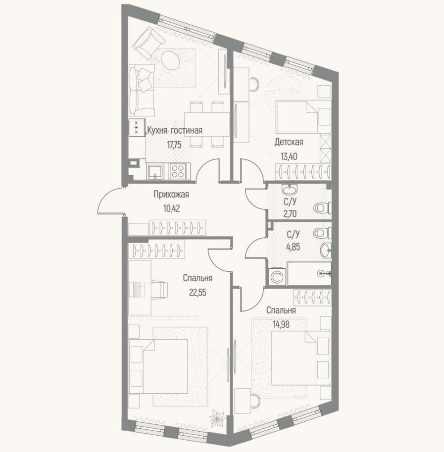 Планировка: 3-к, 86,5 м²