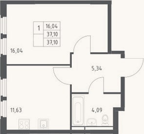 Планировка: 1-к, 37,1 м²