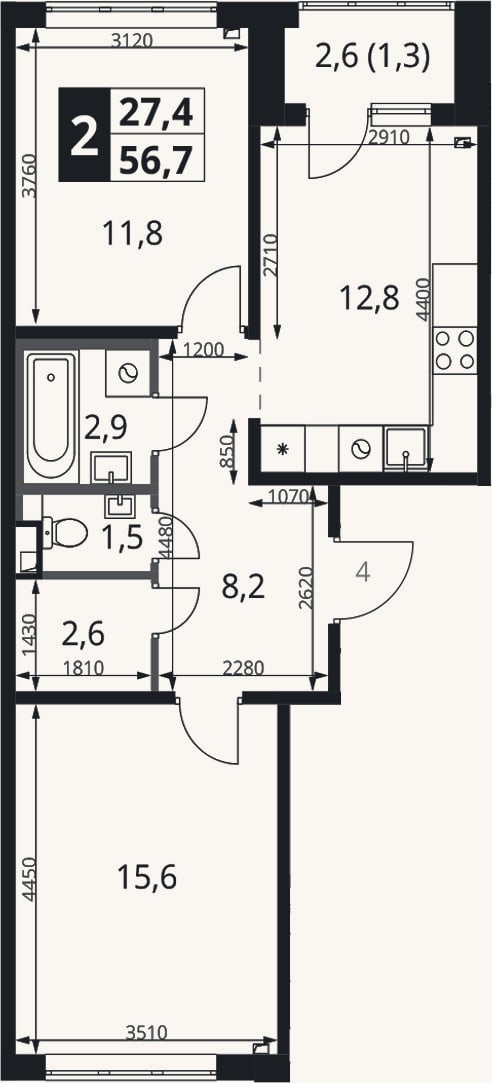 Планировка: 2-к, 55,4 м²
