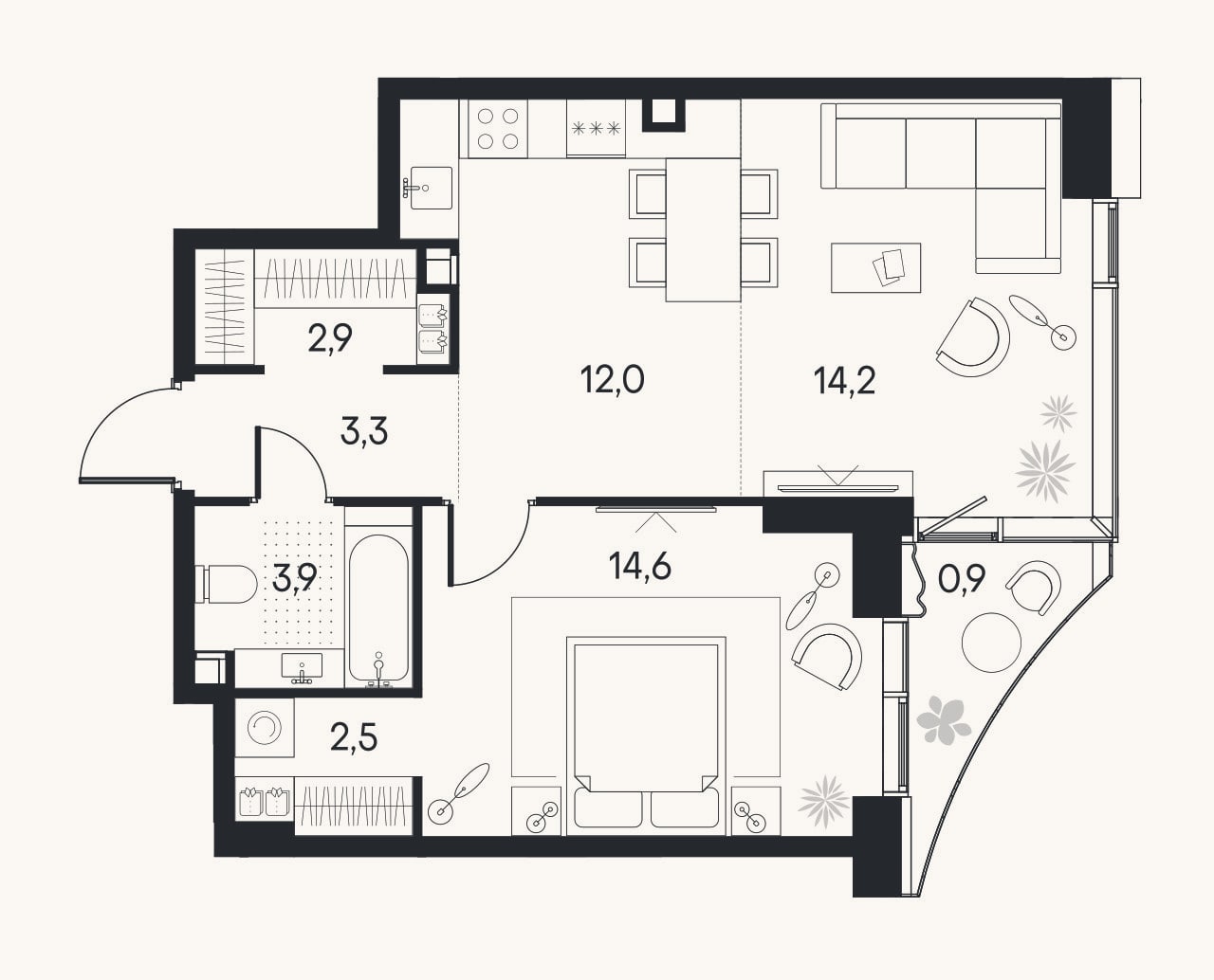 Планировка: 2-к, 53,4 м²