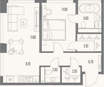 Планировка: 1-к, 51,1 м²