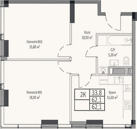 Планировка: 2-к, 62,1 м²