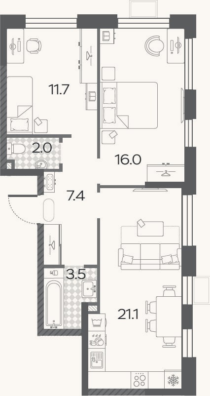 Планировка: 3-к, 63,1 м²