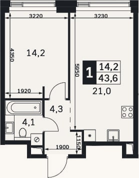 Планировка: 2-к, 43,6 м²