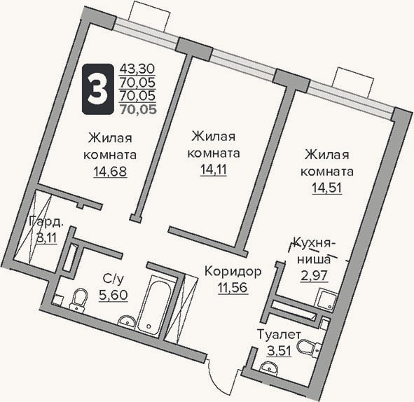 Планировка: 3-к, 70,1 м²