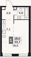 Планировка: Студия, 33,7 м²