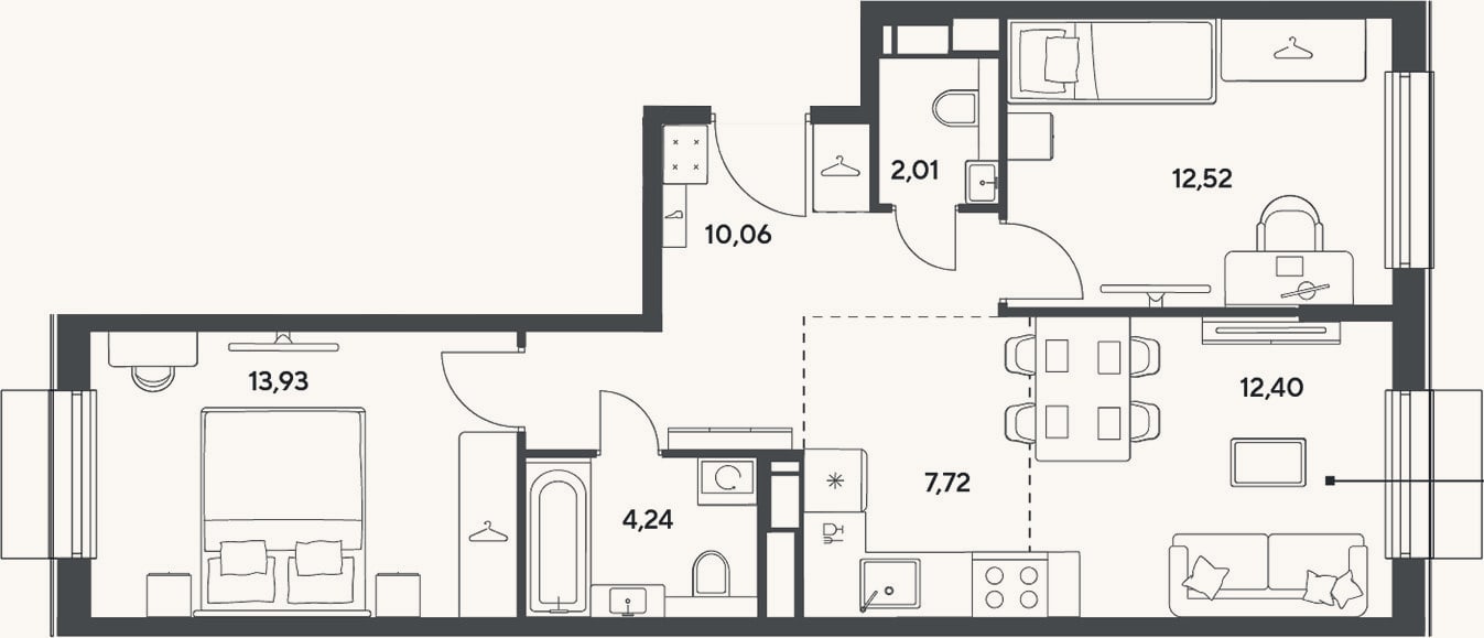 Планировка: 3-к, 62,9 м²
