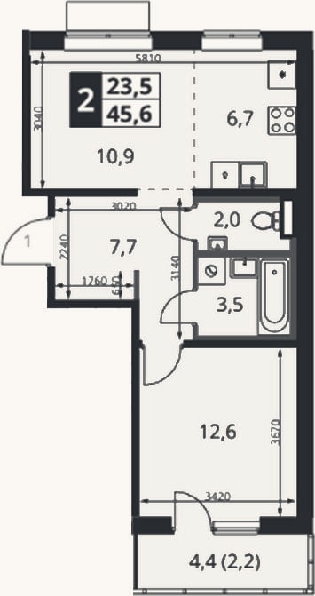 Планировка: 2-к, 44,3 м²