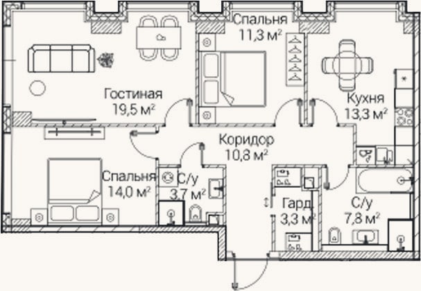 Планировка: 3-к, 83,7 м²