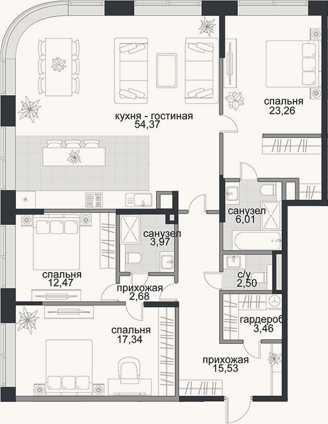 Планировка: 4+ к, 141,6 м²