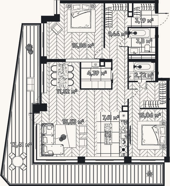 Планировка: 3-к, 89,1 м²