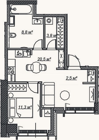 Планировка: 2-к, 47 м²