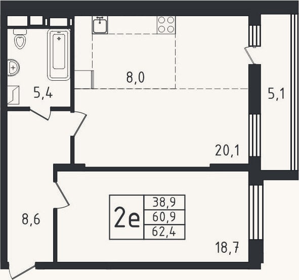 Планировка: 2-к, 60,9 м²