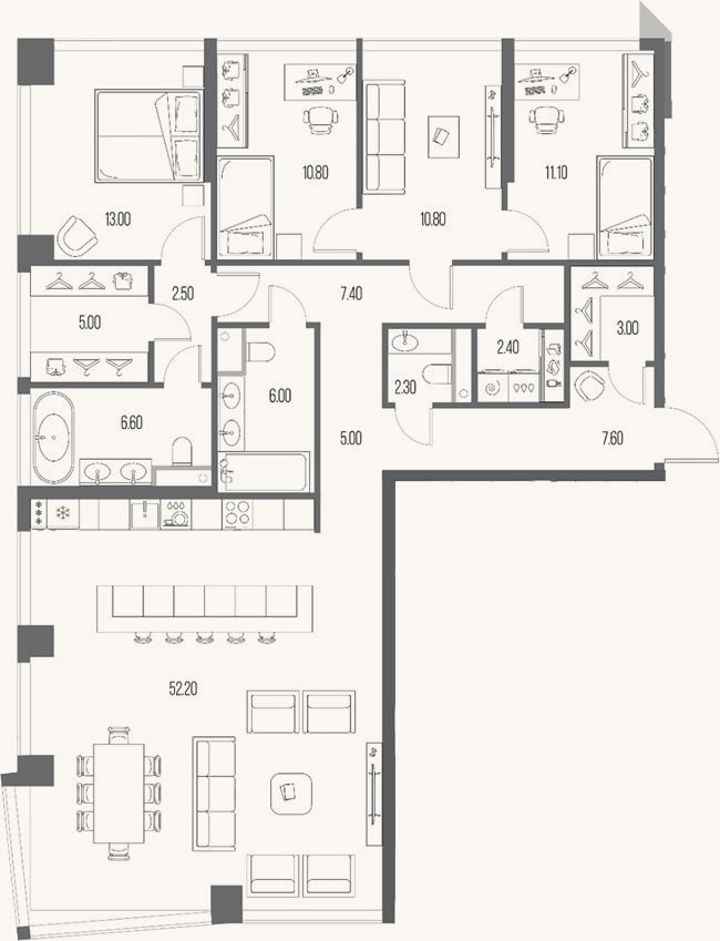 Планировка: 3-к, 145,7 м²