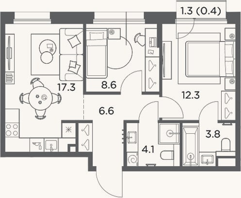 Планировка: 2-к, 52,7 м²