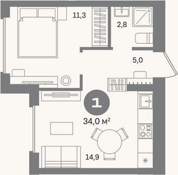 Планировка: 1-к, 34 м²