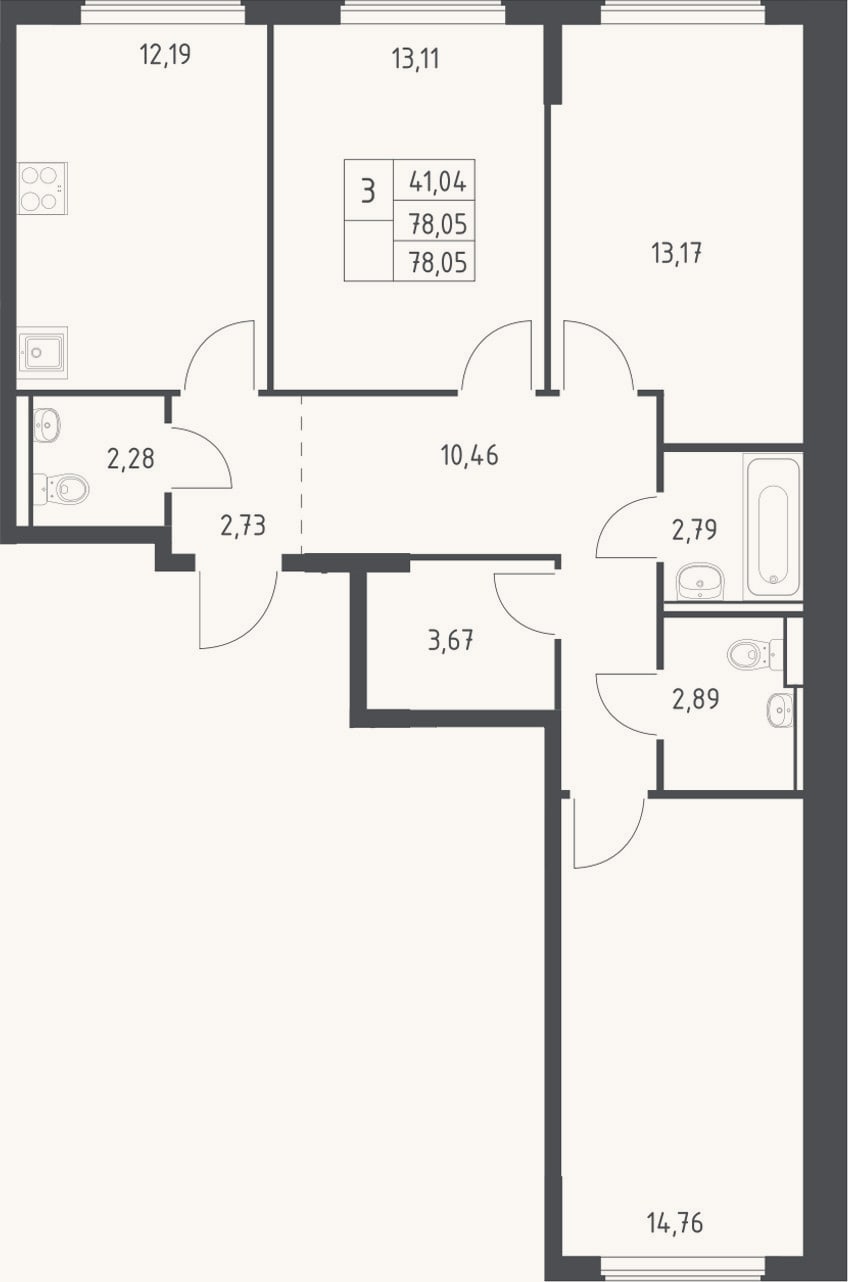 Планировка: 3-к, 78,1 м²