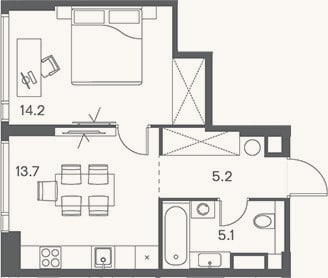Планировка: 1-к, 38,2 м²