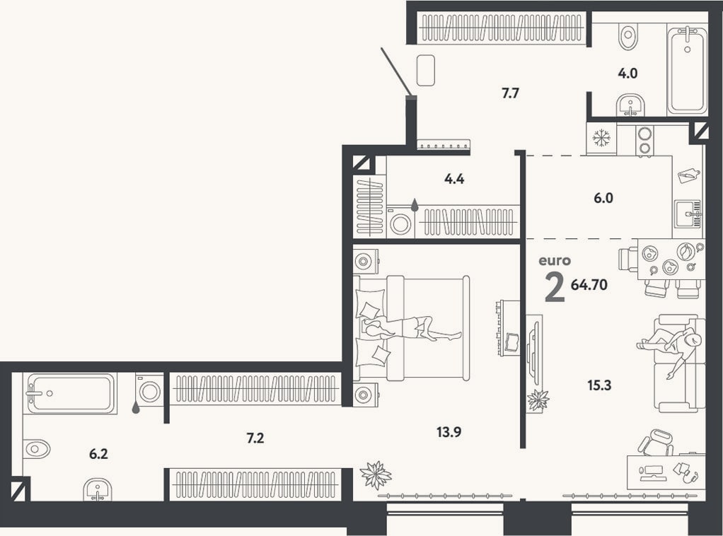 Планировка: 2-к, 64,7 м²