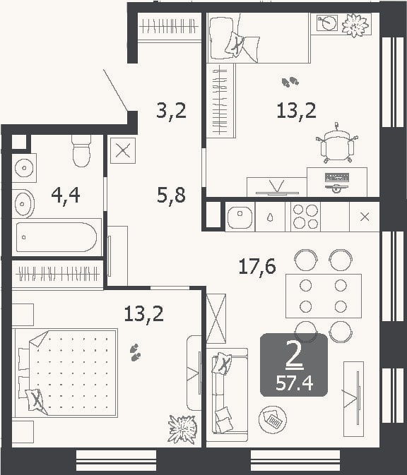 Планировка: 3-к, 57,4 м²