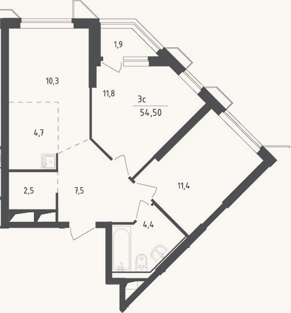Планировка: 3-к, 52,6 м²