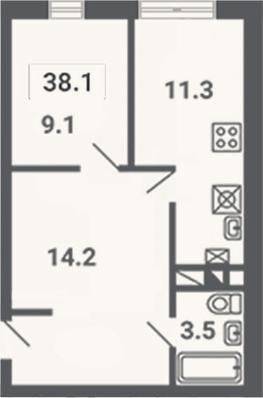 Планировка: 2-к, 38,1 м²