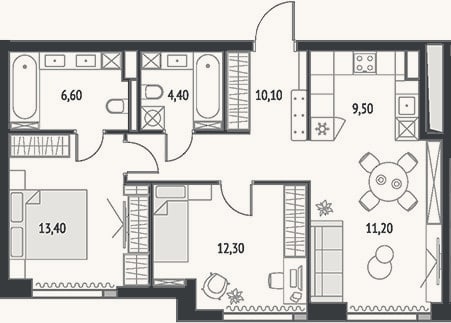 Планировка: 3-к, 67,5 м²