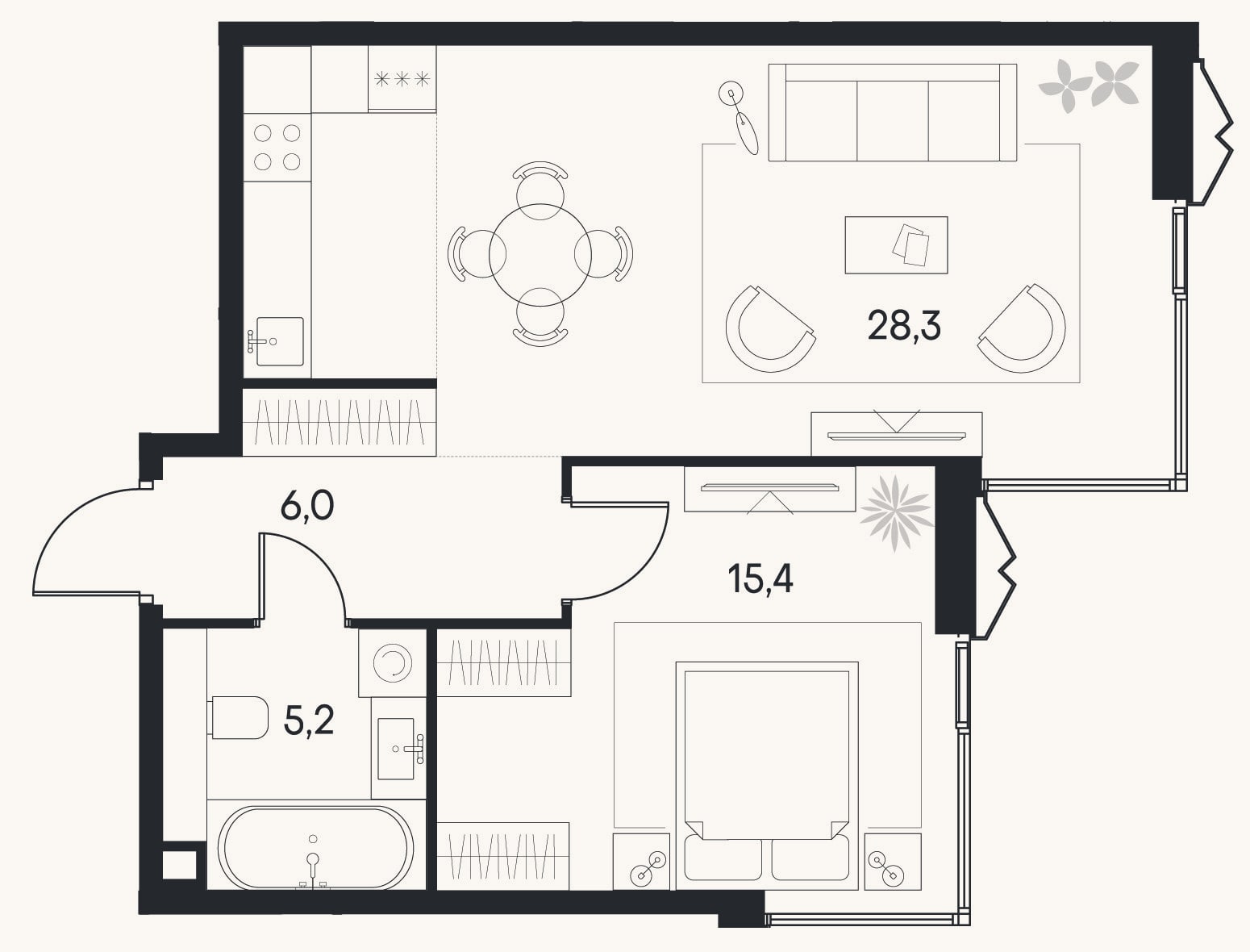Планировка: 2-к, 54,9 м²